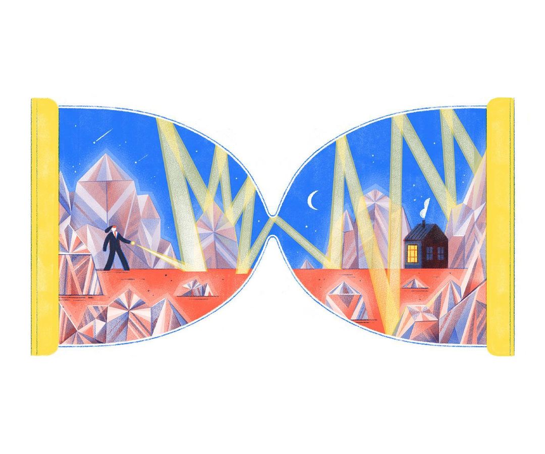 Stylized illustration of a man walking towards a house in a landscape of geometric crystals inside an hourglass shape against a blue sky.