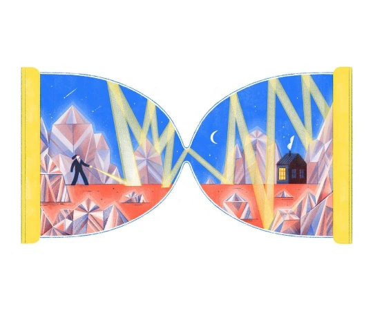 Stylized illustration of a man walking towards a house in a landscape of geometric crystals inside an hourglass shape against a blue sky.