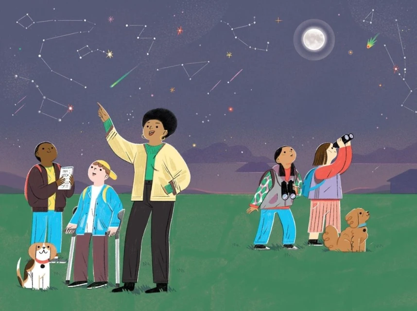 Illustration of group stargazing at night: adult leads kids with chart, binoculars, telescope. Dog sits nearby under moonlit sky.