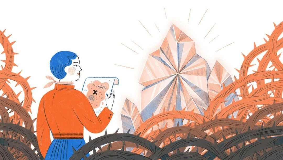 Illustration of person holding treasure map near large crystal formation amidst thorny vines on a white background, light shining.
