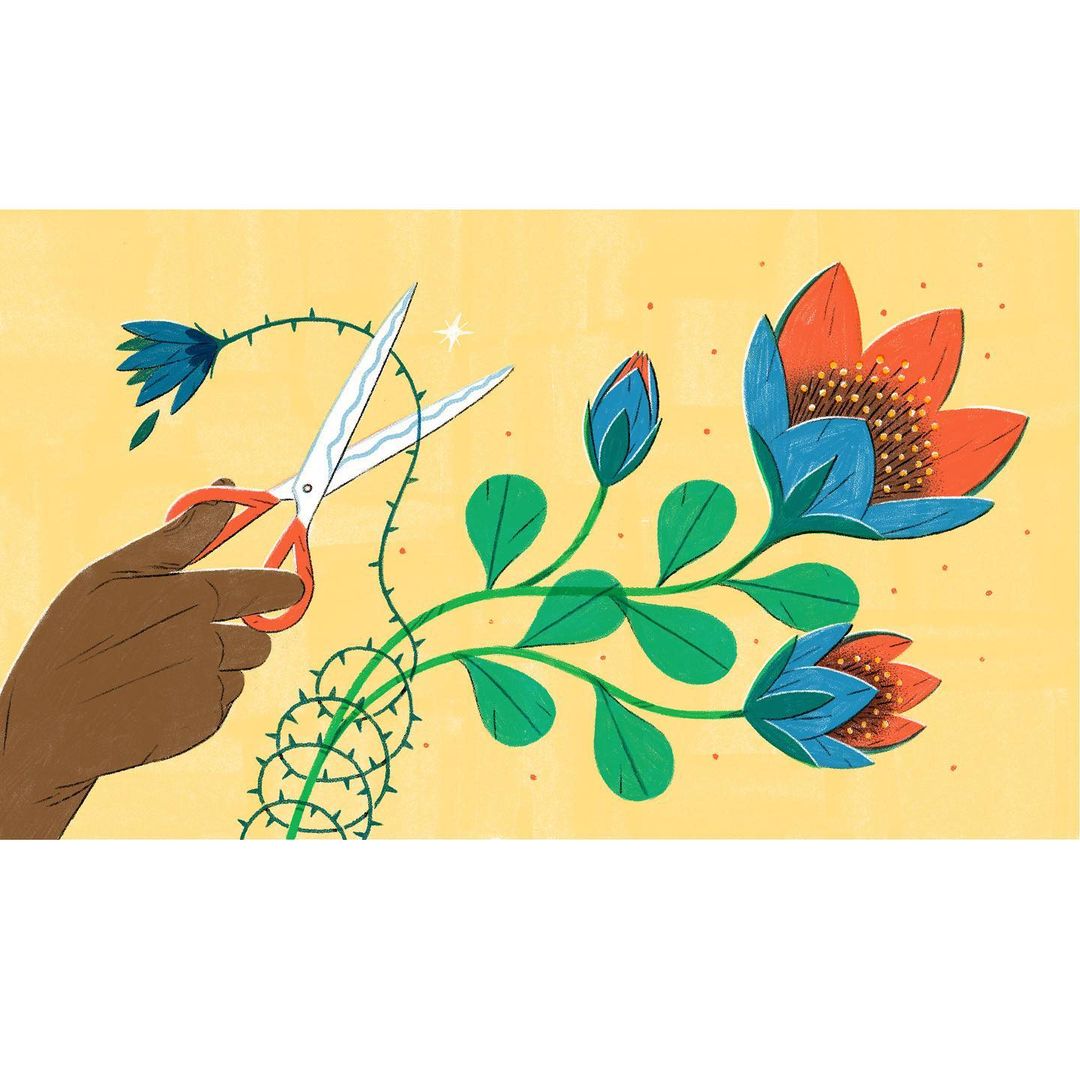 Illustration of a dark-skinned hand using scissors to cut a flower branch with blue and orange flowers against a yellow background.