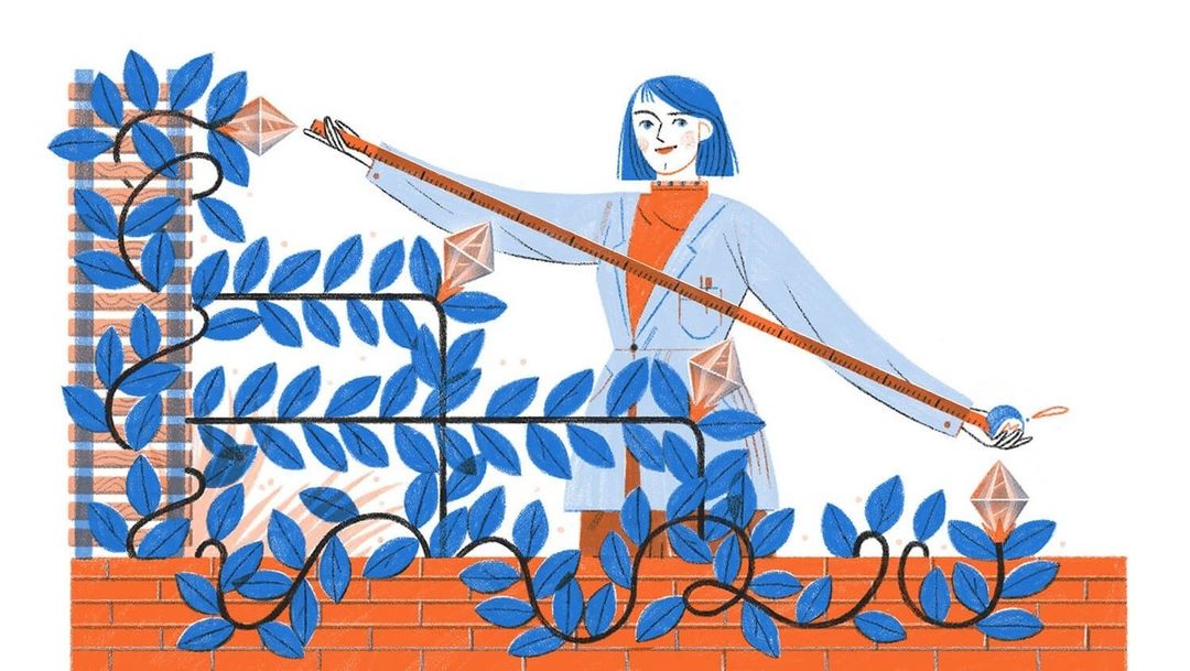 Illustration of a woman scientist measuring diamond shapes on a brick wall with leafy vines on a white background in digital art.