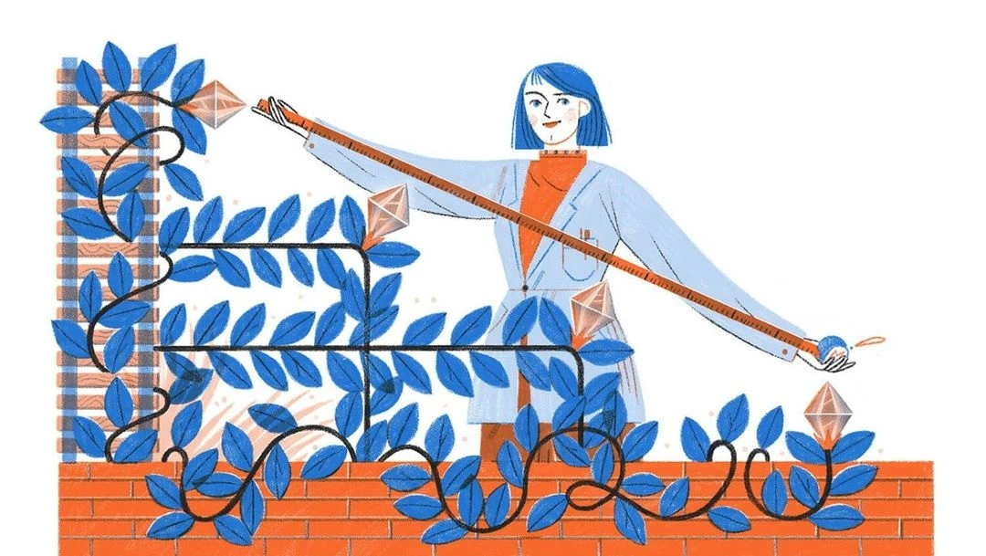 Illustration of a woman scientist measuring diamond shapes on a brick wall with leafy vines on a white background in digital art.