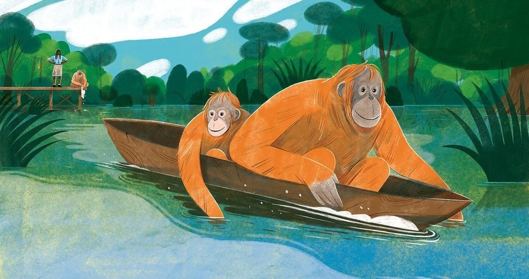 Illustration of two orange orangutans in a wooden boat on a green river with people on a dock and a forest in the background.
