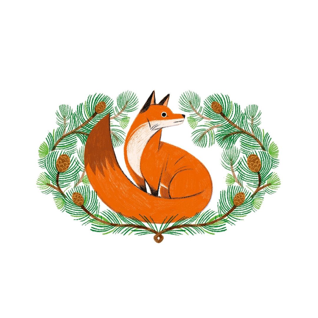 Illustration of a red fox curled up, encircled by green pine branches and brown pine cones on a clean white background.