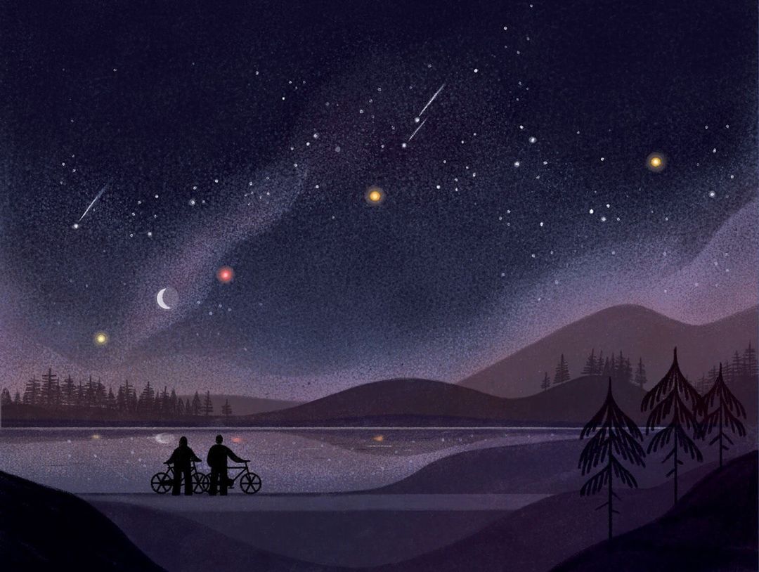 Digital illustration of two silhouetted figures with bicycles by a tranquil lake under a starry night sky by Anja Susanj