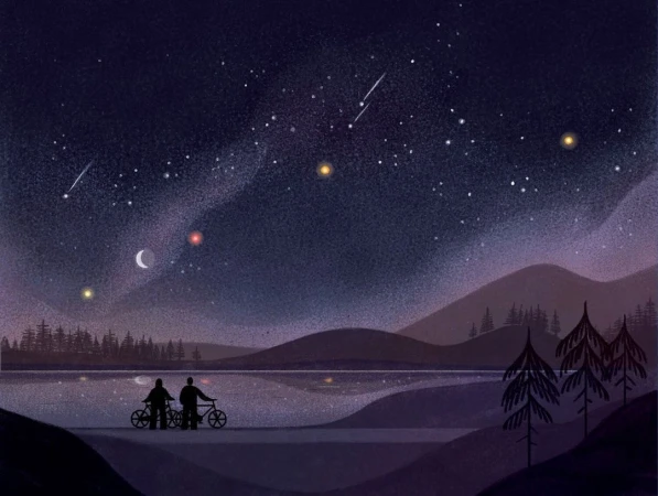 Digital illustration of two silhouetted figures with bicycles by a tranquil lake under a starry night sky by Anja Susanj
