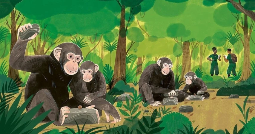 Illustration of a group of chimpanzees in a lush jungle environment, with two human researchers observing them in the background.
