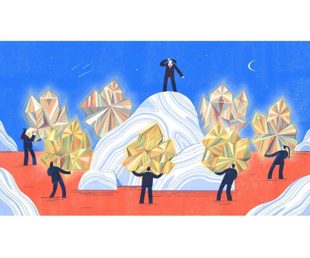 Illustration of suited figures carrying geometric shapes on a surreal landscape, with one figure looking through binoculars at night.