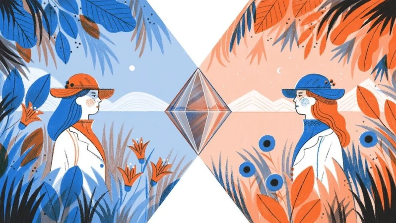 Illustration of two women facing each other, separated by a diamond shape over water, set against a colorful nature backdrop.