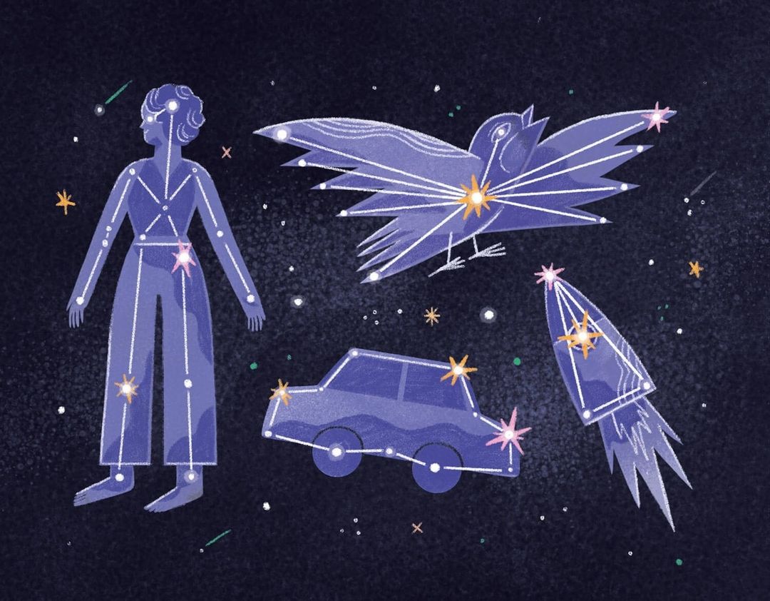 Illustration of constellation-style drawings of a person, bird, car, and rocket with stars on a dark blue background, digital art.