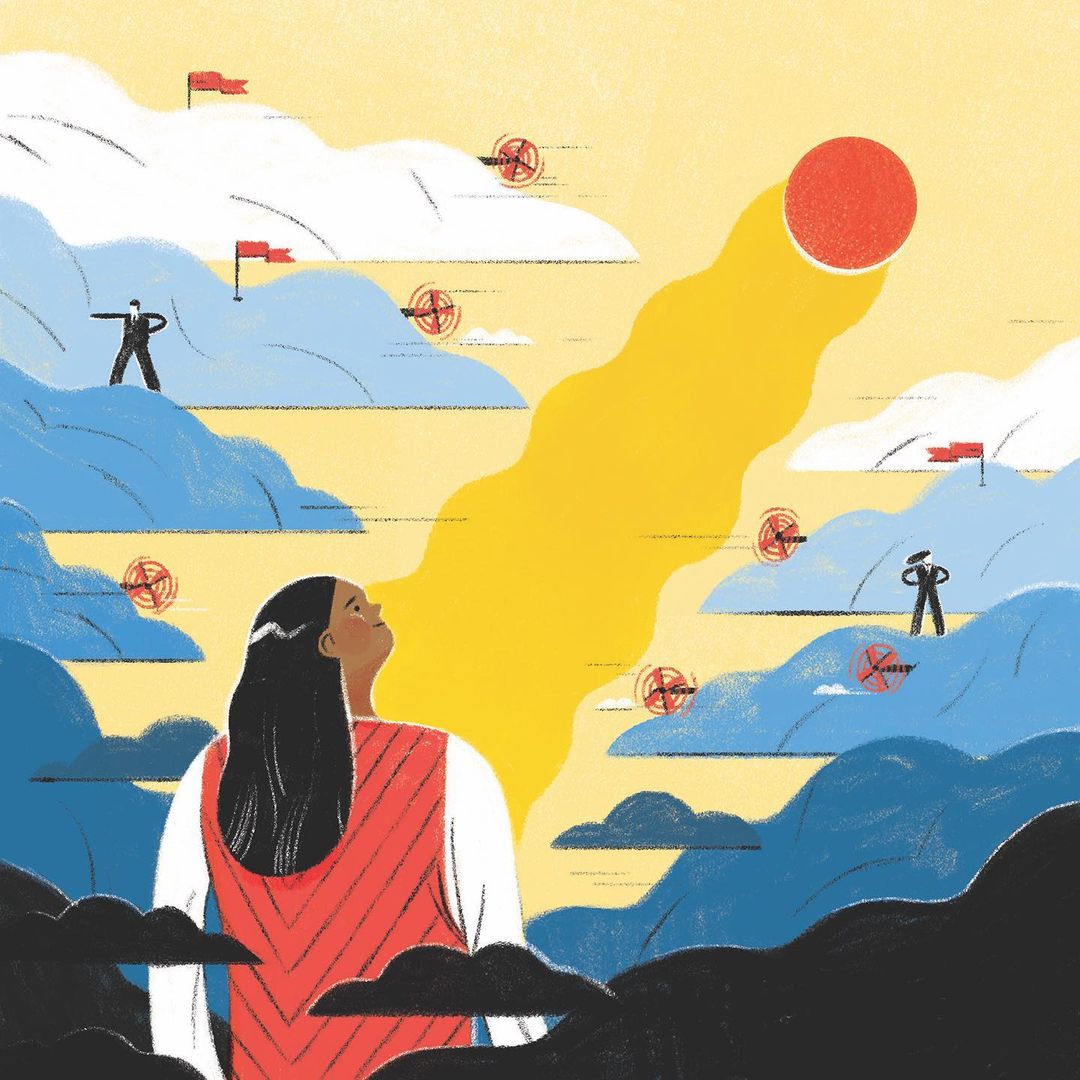 Illustration of a person looking up at the sun, with cloud formations, small figures, and red flags.  Illustration art style.