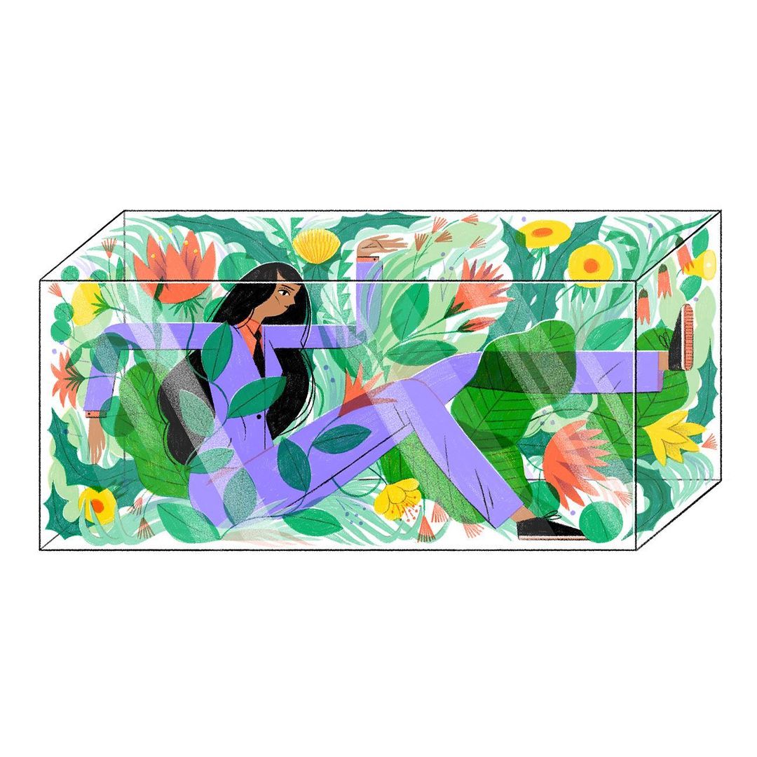 Illustration of a woman in a lavender suit inside a transparent cube filled with green leaves and colorful tropical flowers.
