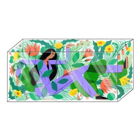 Illustration of a woman in a lavender suit inside a transparent cube filled with green leaves and colorful tropical flowers.