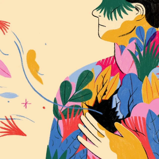 Stylized illustration of an individual covered in vibrant leaves, with emphasis on colors and hand gesture against a plain background.