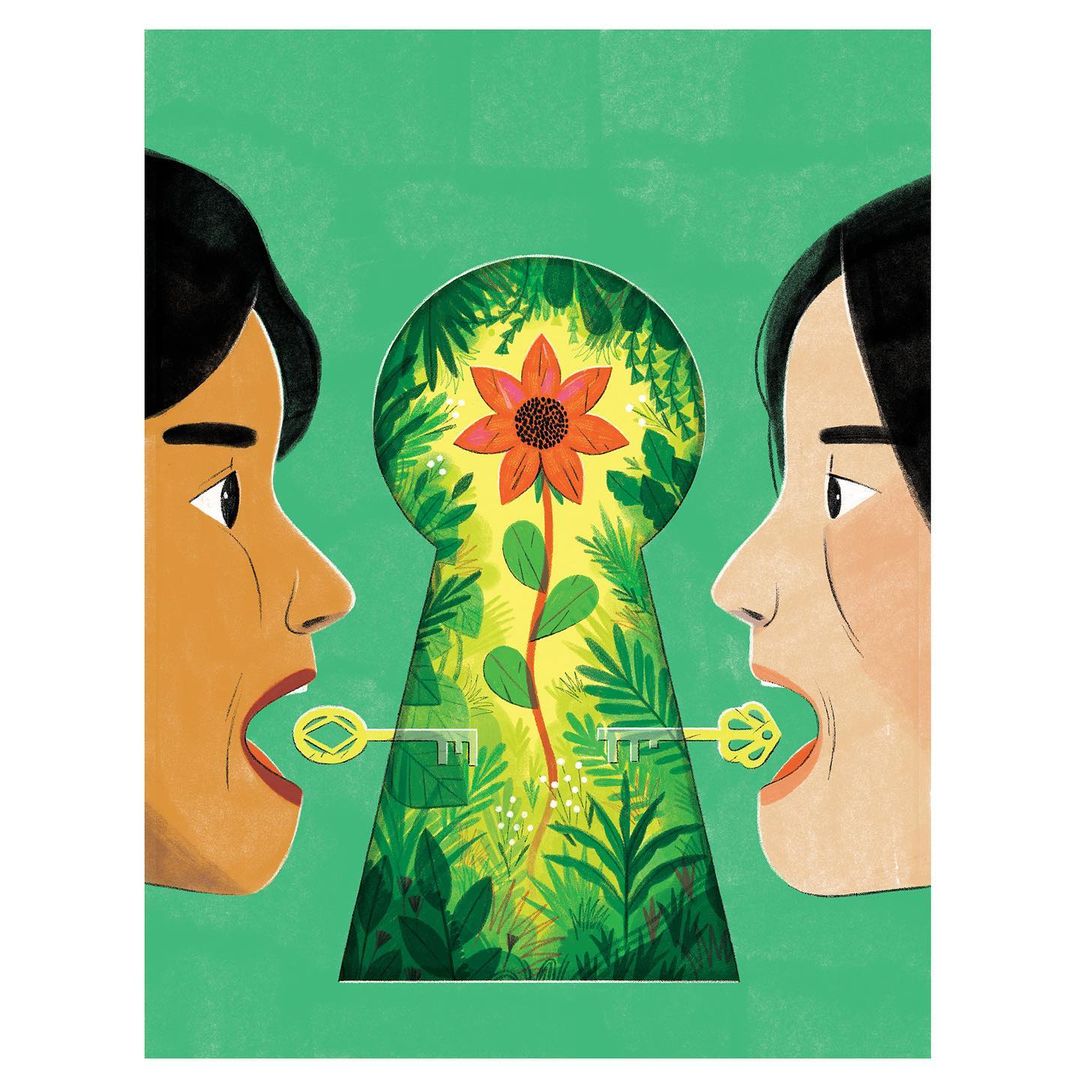 Illustration of two people facing each other with keys in their mouths, a keyhole, and a flower inside, set against a green background.