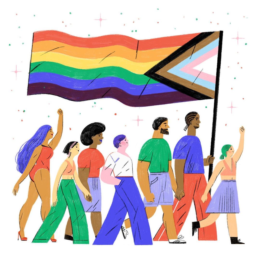 Illustration of a diverse group of people marching with an LGBTQ+ pride flag, vector art, diverse representation, social justice theme.