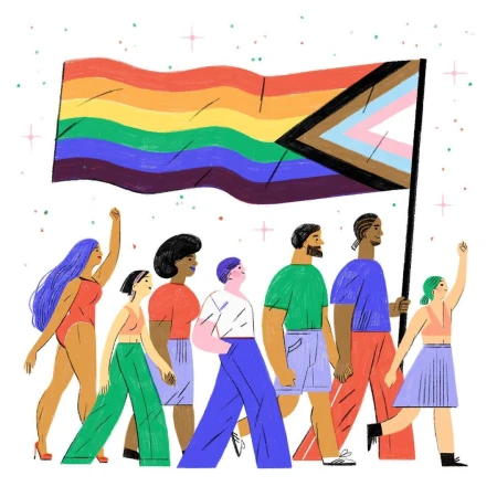 Illustration of a diverse group of people marching with an LGBTQ+ pride flag, vector art, diverse representation, social justice theme.