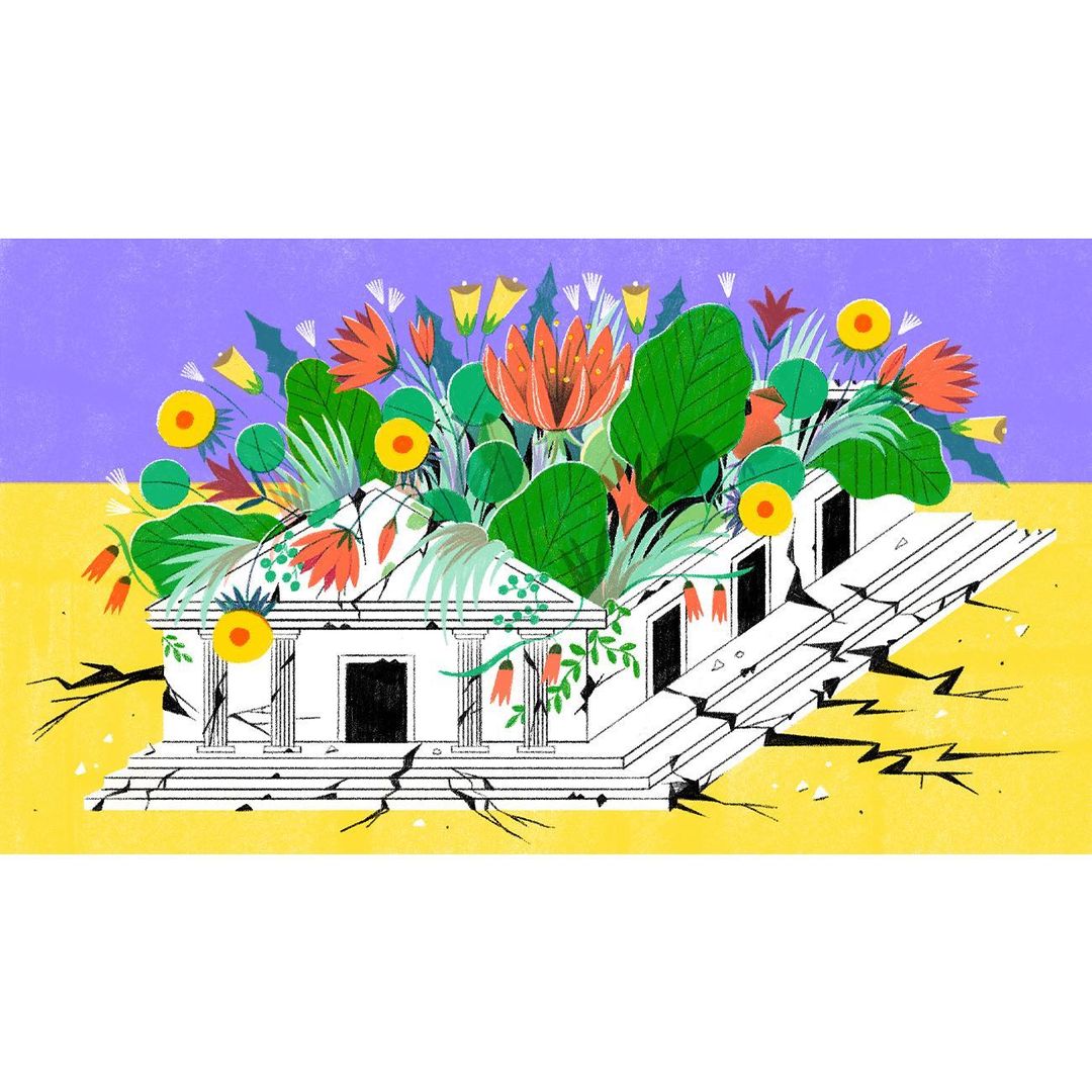 Illustration of building overgrown with flowers, set against a yellow and purple background, in a stylized, painterly design.