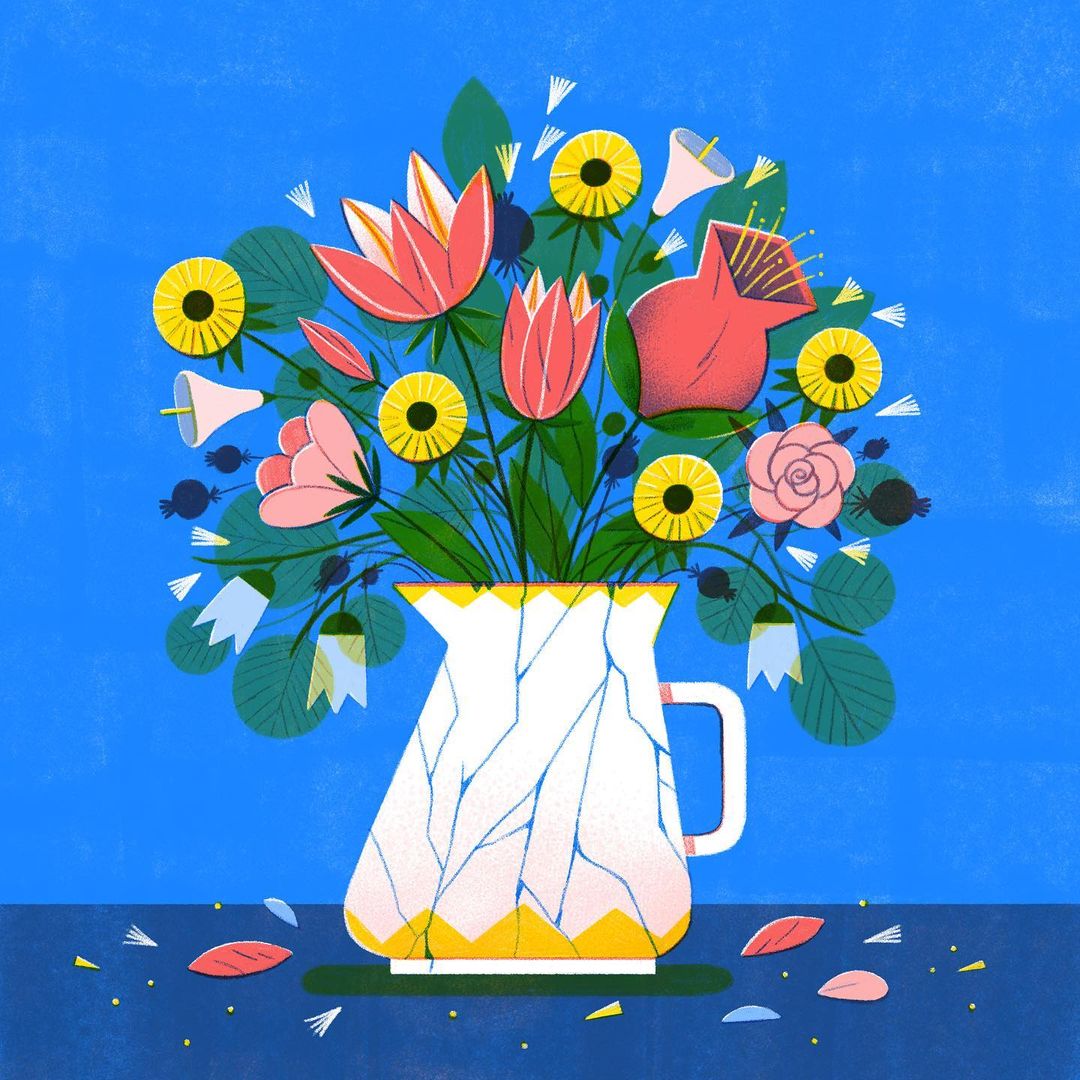 Illustration of a flower arrangement in a cracked pitcher, featuring pink, yellow, and white flowers against a textured blue background.