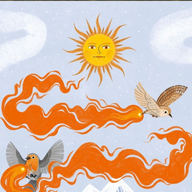 Illustration of two birds flying, each trailing a plume of orange light. A sun-like face with human features appears above snow-capped mountains.