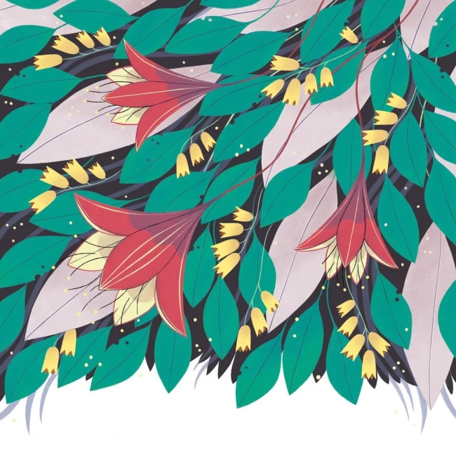 Illustration of a red bell-shaped flowers with green leaves and clusters of yellow buds against a dark background.