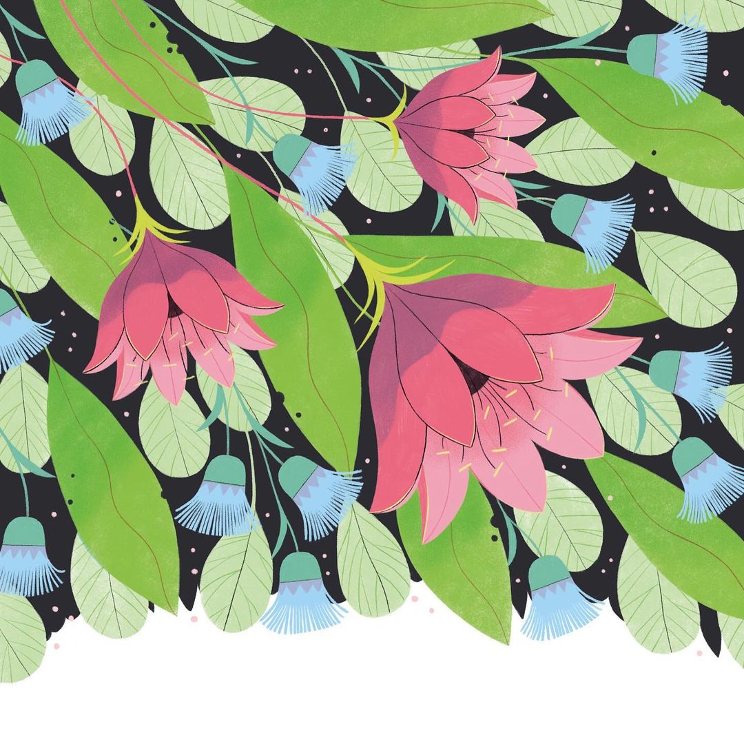 Illustration of pink and blue flowers with green leaves against a dark background, evoking a whimsical and organic feel. 