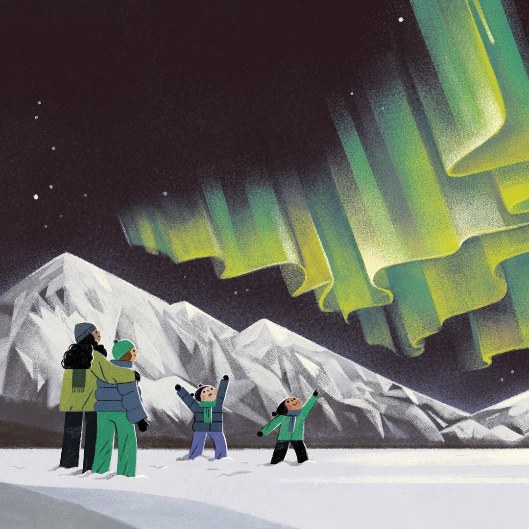 Illustration of family watching the aurora borealis with snow covered mountains in the background, dark night sky with green and yellow colors.