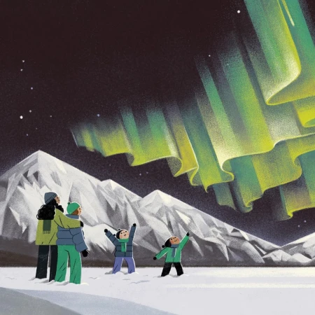 Illustration of family watching the aurora borealis with snow covered mountains in the background, dark night sky with green and yellow colors.