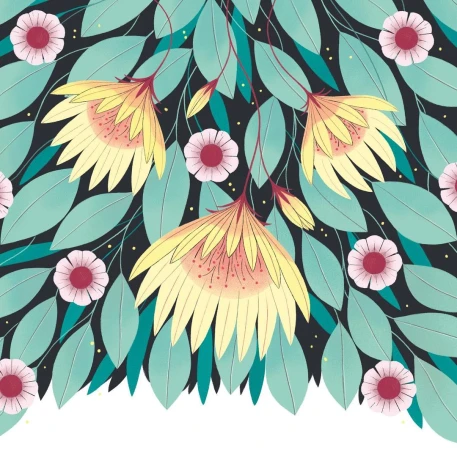 Illustration of yellow flowers and green leaves with pink blossoms on a dark backdrop, botanical illustration, graphic design.