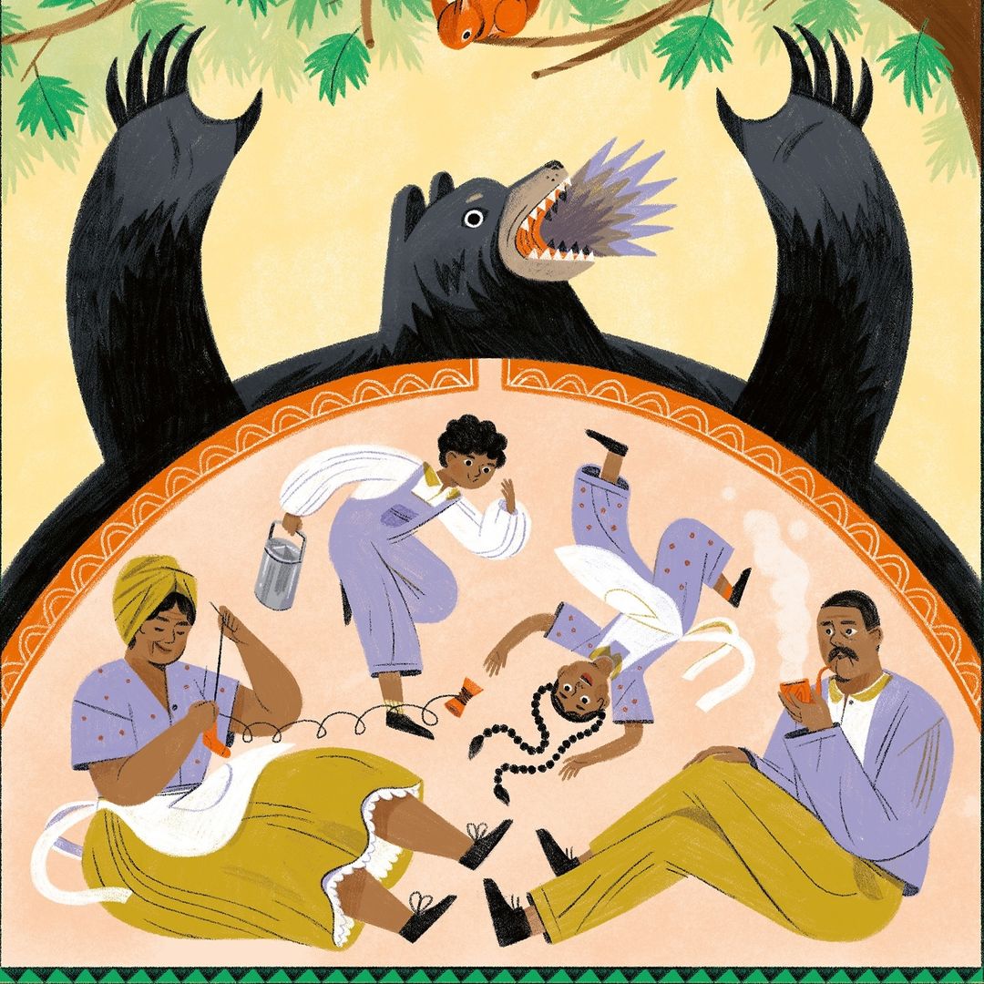 Illustration of a large bear above four people with old-fashioned clothing, with a child running with a pail and squirrel on branch.