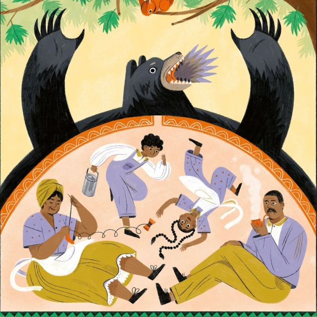 Illustration of a large bear above four people with old-fashioned clothing, with a child running with a pail and squirrel on branch.