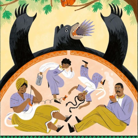 Illustration of a large bear above four people with old-fashioned clothing, with a child running with a pail and squirrel on branch.