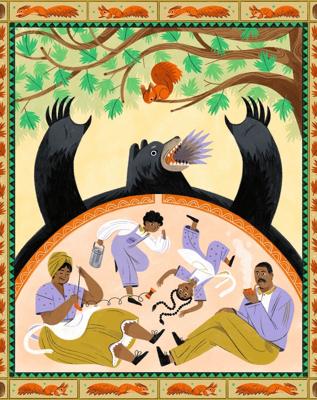 Illustration of a black bear above a family cooking, with a squirrel in a tree, rendered in a whimsical, folk art style.