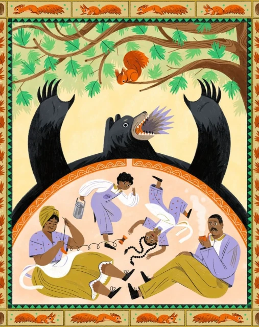 Illustration of a black bear above a family cooking, with a squirrel in a tree, rendered in a whimsical, folk art style.