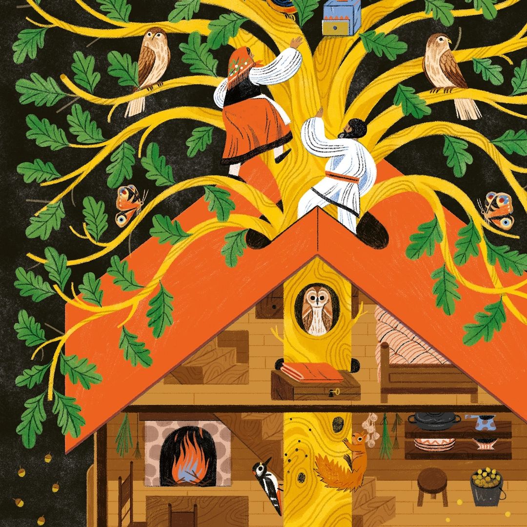 Stylized illustration of a treehouse-like dwelling with two figures on the tree, owls, butterflies, and a cozy, warm interior.
