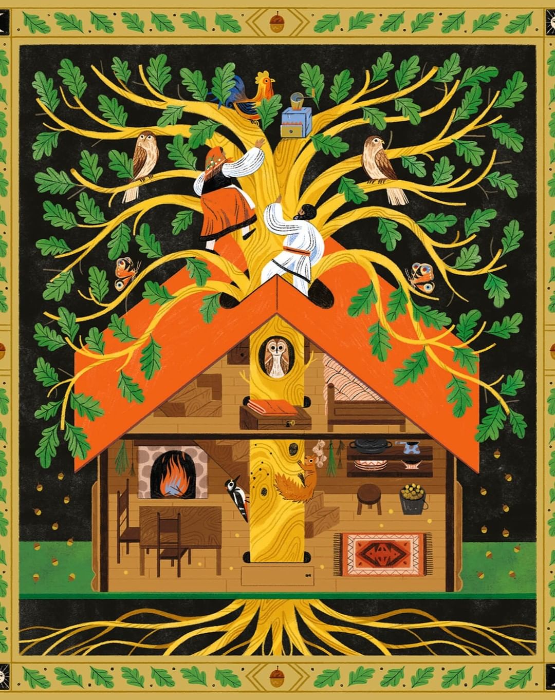 Stylized illustration of a multi-story treehouse-like structure with people, animals, and furniture, rendered in vibrant, illustrative style.