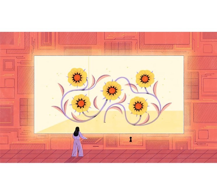 Illustration of an adult female standing in a room with a computer, looking at a wall panel with a floral design on a light orange background.