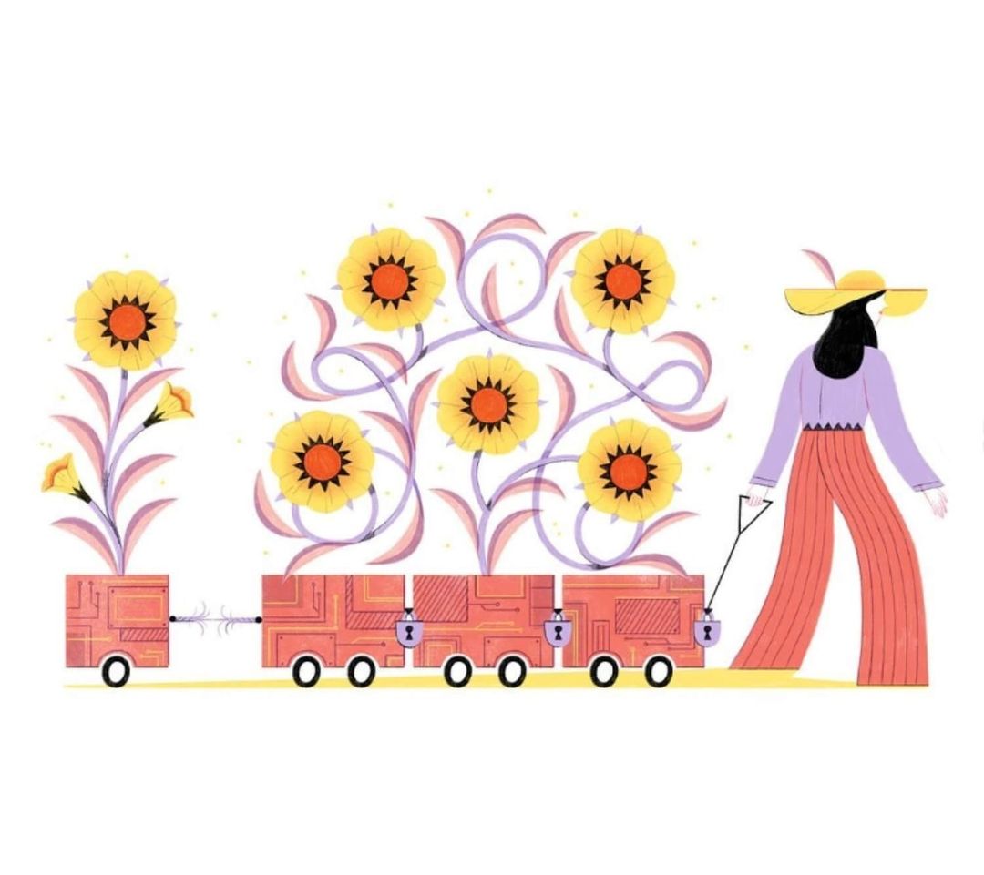 Illustration of a woman in a hat pulling a toy train car with sunflowers in them, whimsical digital art on a white background.
