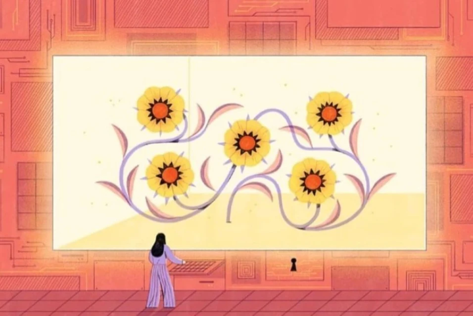 Illustration depicting a woman at a keyboard, looking at a digital display of stylized flowers, in shades of pink, yellow and purple.