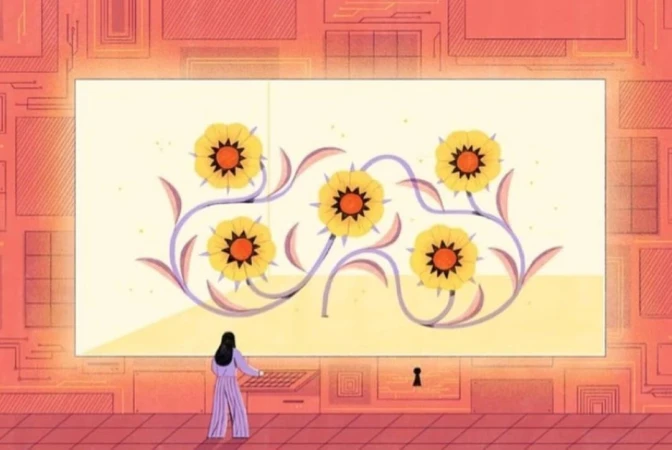 Illustration depicting a woman at a keyboard, looking at a digital display of stylized flowers, in shades of pink, yellow and purple.