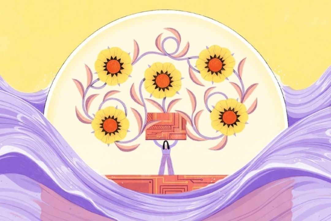 Illustration of a small human figure holding up a circuit board from which floral vines and sunflowers are growing, graphic art style.