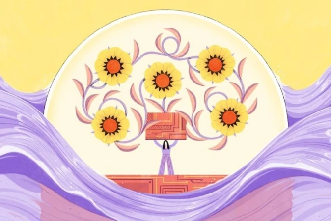 Illustration of a small human figure holding up a circuit board from which floral vines and sunflowers are growing, graphic art style.