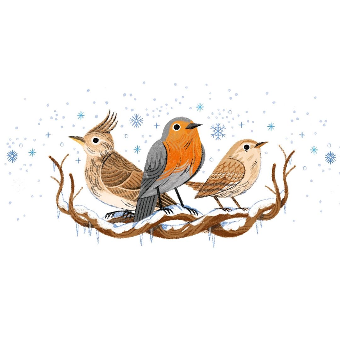 Illustration of three birds perched on a snow-covered branch against a white background with blue snowflakes, rendered in a whimsical style.