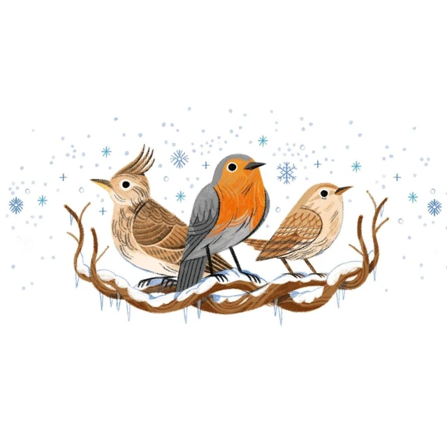 Illustration of three birds perched on a snow-covered branch against a white background with blue snowflakes, rendered in a whimsical style.