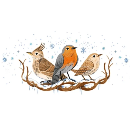Illustration of three birds perched on a snow-covered branch against a white background with blue snowflakes, rendered in a whimsical style.