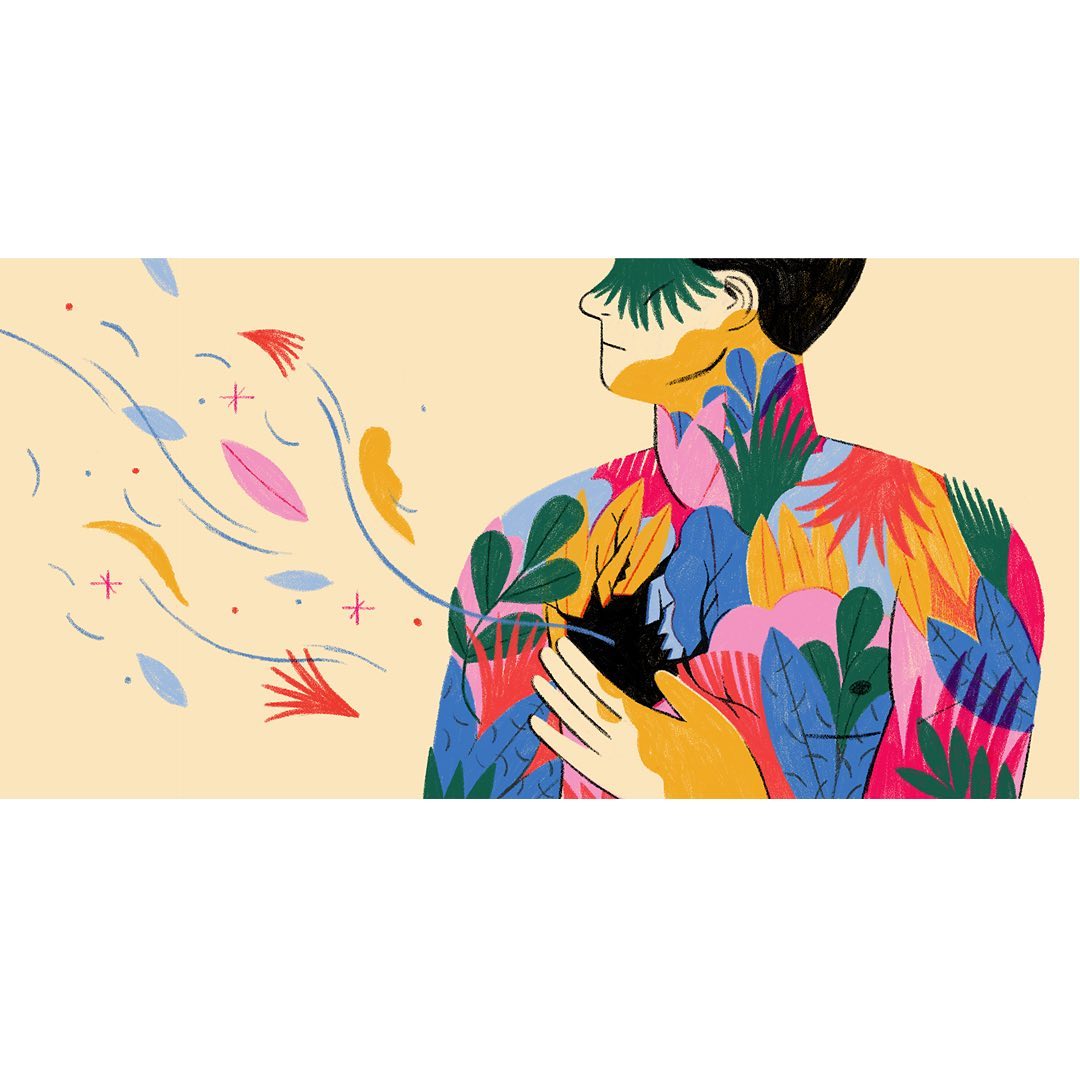 Illustration of a torso with colorful leaves covering the body, wind and leaves blowing from its side, and a hand on its chest.