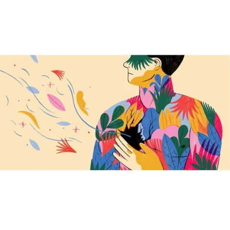 Digital illustration by Anja Susanj of a person whose body is filled with colorful botanical leaf patterns, with flowing leaves and stars.