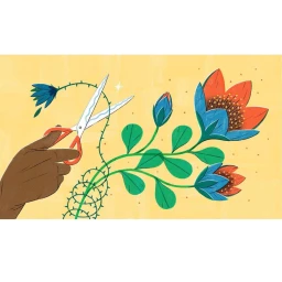 Digital illustration by Anja Sušanj of hands holding scissors cutting a thorny stem with blue and orange flowers on a yellow background.