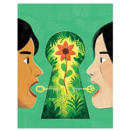 Illustration by Anja Sušanj of two profile faces facing a keyhole opening with a flower and keys.